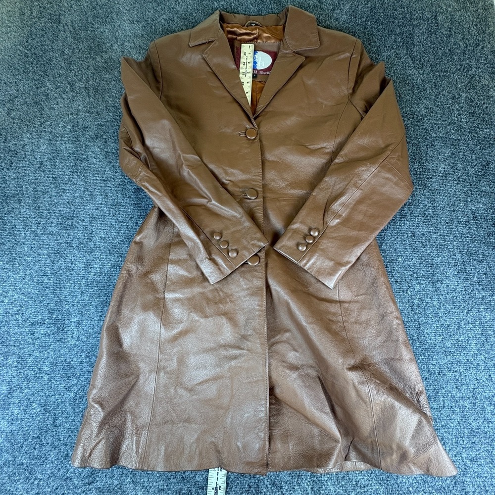 Vintage Lobi Lobi Trench Coat Women Large Brown Leather Notch Lapel Button Front